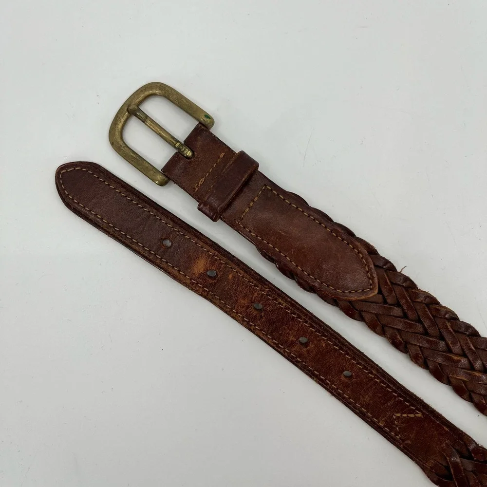 Braided Leather Belt Mens 30 Brown Woven Solid Brass Buckle Boho Western Rustic